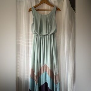 Ya Los Angeles Mint Green Chevron Maxi Dress with Blue and Taupe Panels